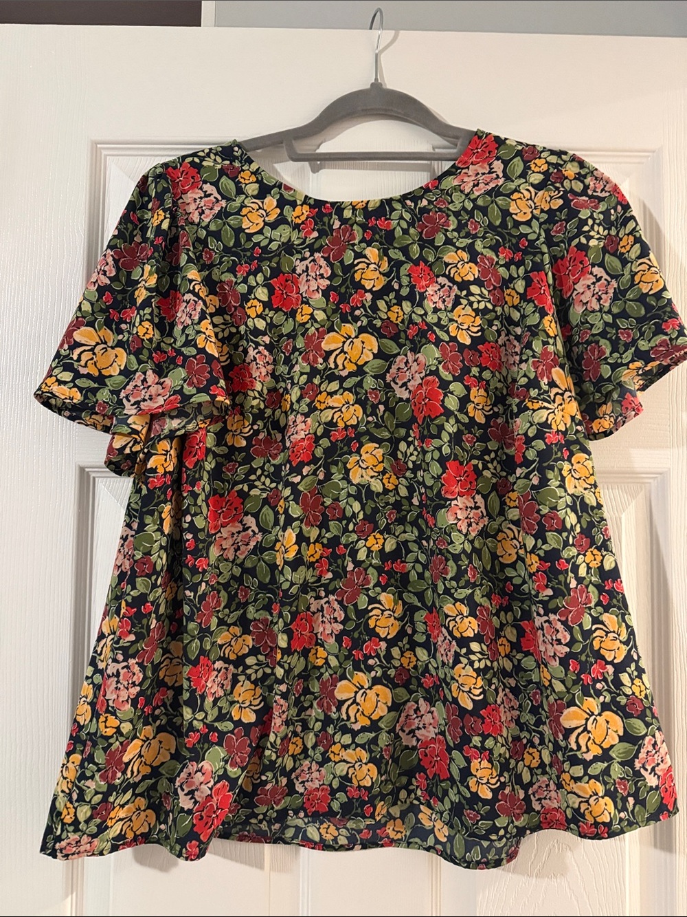 Blue Floral Short Sleeve Blouse with Red & Yellow Blooms